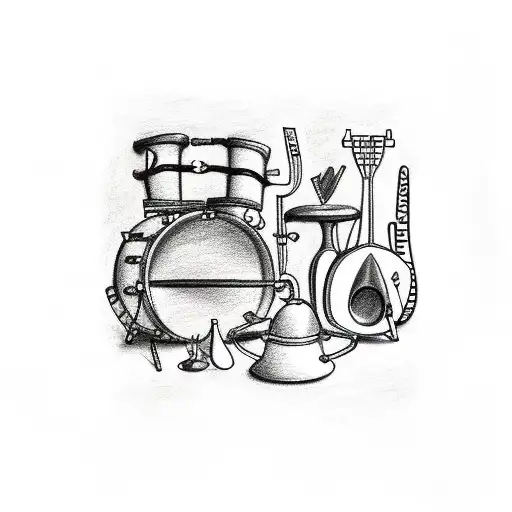 A drawing of a study room with musical instruments and cooking utensils scattered around tattoo design idea