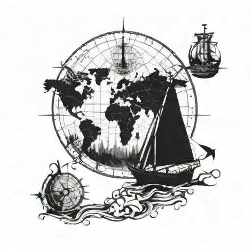 A blackwork tattoo of a world map with a ship sailing around it, with the God of death standing on top, representing your career as a seaman and your passion for exploration tattoo design idea