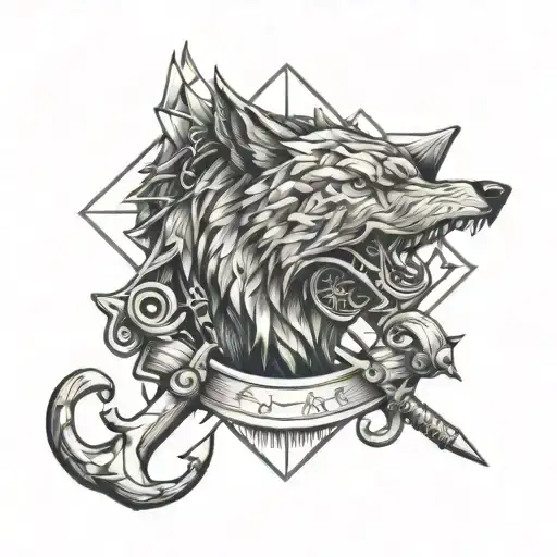   lonewolf with anchors and piston for seaman  tattoo design idea
