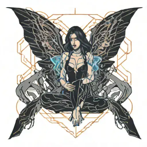 art, abstraction, heart, lines, sexy girl sitting alone, vampire wings  tattoo design idea