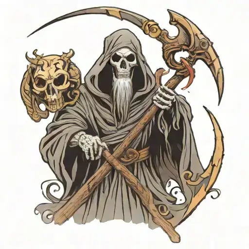 gloomy Grim reaper holding a trident with Hellboy written above tattoo design idea