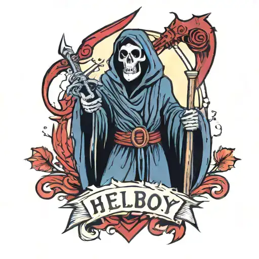 gloomy Grim reaper holding a trident with Hellboy written above tattoo design idea