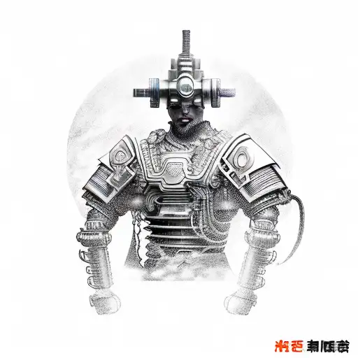 A cyberpunk-inspired samurai warrior with mechanical arms and a futuristic cityscape in the background tattoo design idea