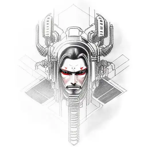 A cyberpunk-inspired samurai warrior with mechanical arms and a futuristic cityscape in the background tattoo design idea