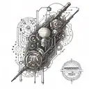 A futuristic steampunk design incorporating elements from Cyberpunk 2077 game with a philosophical quote in binary code tattoo design idea