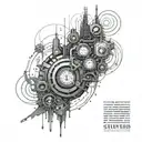 A futuristic steampunk design incorporating elements from Cyberpunk 2077 game with a philosophical quote in binary code tattoo design idea