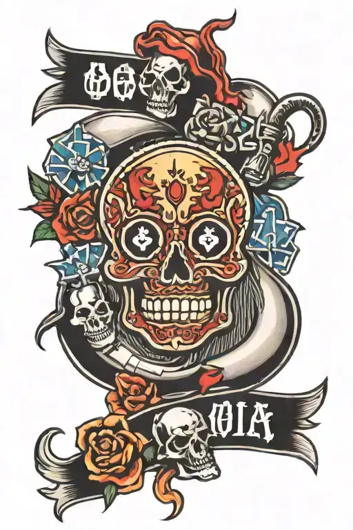 upper arm tattoo including Casino gambling machines, devils, horns, and skulls tattoo design idea