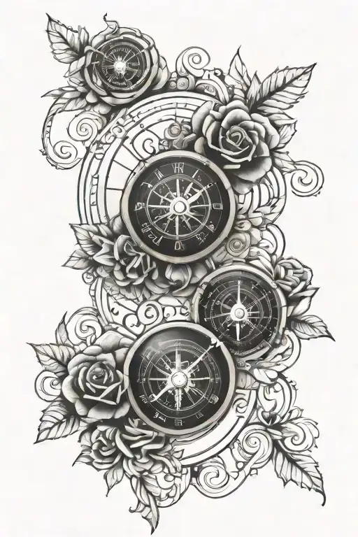 france style double clocks and compass with roses  tattoo design idea