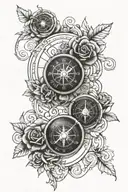 france style double clocks and compass with roses  tattoo design idea