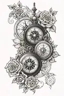 france style double clocks and compass with roses  tattoo design idea