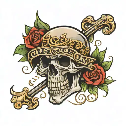 Skull and banner containing 50/50 and the word chance tattoo design idea