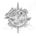 A detailed sketch of a futuristic cityscape with mythical creatures roaming the streets tattoo design idea