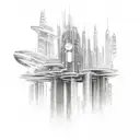 A detailed sketch of a futuristic cityscape with mythical creatures roaming the streets tattoo design idea