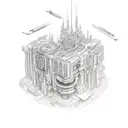 A detailed sketch of a futuristic cityscape with mythical creatures roaming the streets tattoo design idea