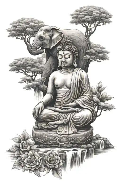 Realistic tattoo of a Female Buddha with a nenufaro, an elephant and a waterfall in the background for the whole arm tattoo design idea
