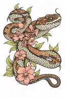 Rattlesnake and orchids intertwined tattoo design idea