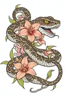 Rattlesnake and orchids intertwined tattoo design idea
