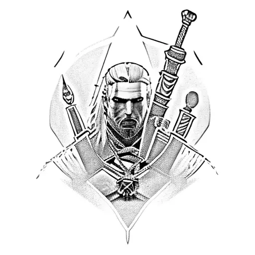 the witcher in assassins creed hood tattoo design idea