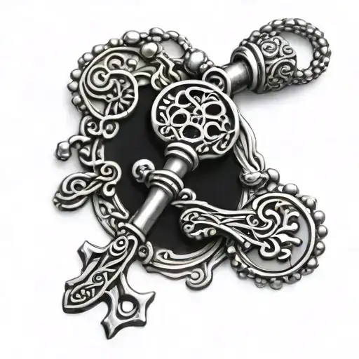 skeleton key on a beaded chain wrapped around forearm tattoo design idea