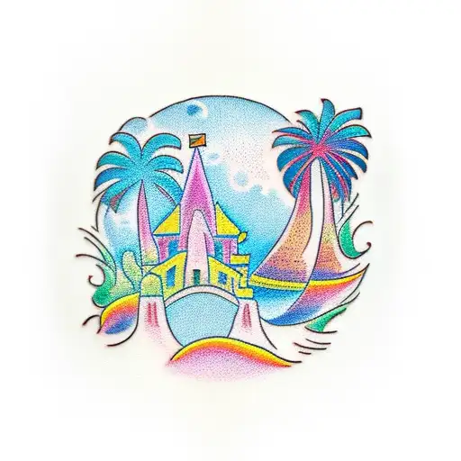 A traditional style tattoo featuring a colorful parrot perched on a palm tree on the beach, with the Disney Castle peeking through the trees. tattoo design idea