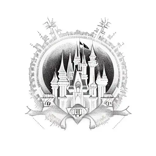 A realism style tattoo showcasing a family enjoying a day at Disney World, with the Miami skyline visible in the background. tattoo design idea