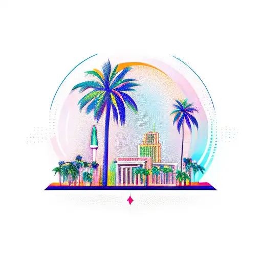 A Miami-inspired tattoo featuring iconic landmarks like the art deco buildings, palm trees, and vibrant colors tattoo design idea