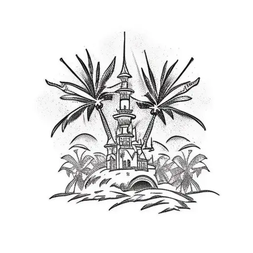 A traditional style tattoo featuring a colorful parrot perched on a palm tree on the beach, with the Disney Castle peeking through the trees. tattoo design idea