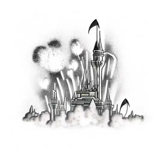 A realism style tattoo showcasing a rocket blasting off from Cape Biscayne beach, with the Disney Castle visible in the distance and fireworks exploding in the sky. tattoo design idea
