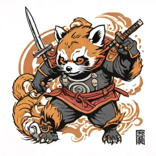 Red Panda Samurai in full armor running into battle  tattoo design idea