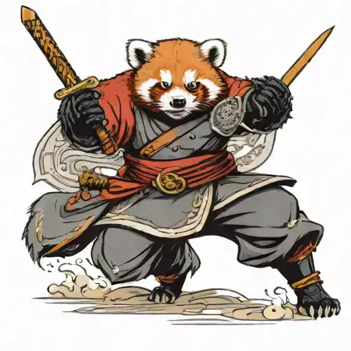 Red Panda Samurai in full armor wearing a straw hat running into battle sword drawn tattoo design idea