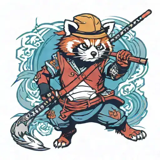Red Panda Samurai in full armor wearing a straw hat running into battle  tattoo design idea