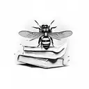 A realistic depiction of a bee and dragonfly perched on a stack of books, with a vine winding around them tattoo design idea