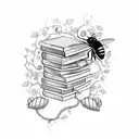 A realistic depiction of a bee and dragonfly perched on a stack of books, with a vine winding around them tattoo design idea