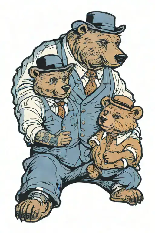 dad and son as bears dressed in 1920s suirs tattoo design idea