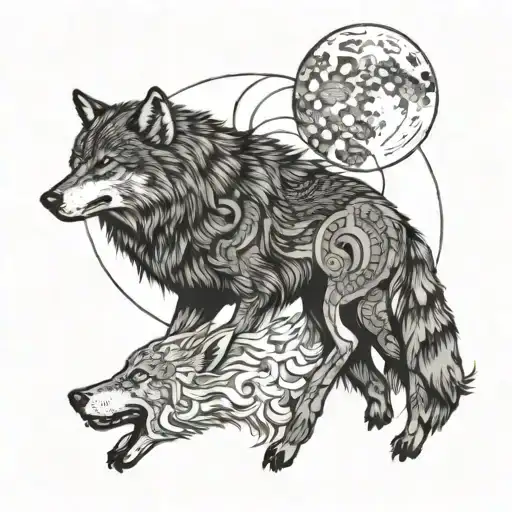 Two complete wolfs hunting the sun and the moon  tattoo design idea