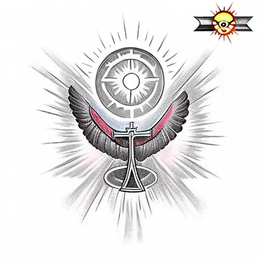 cross with bird wings and a sun above the cross tattoo design idea