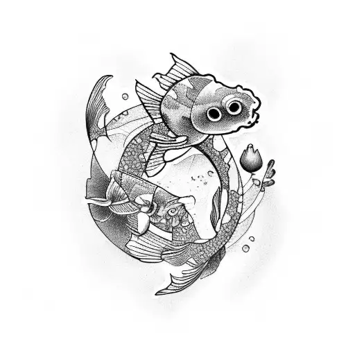 A tattoo design featuring a beautiful koi fish swimming in a pond surrounded by water lilies and lotus flowers tattoo design idea