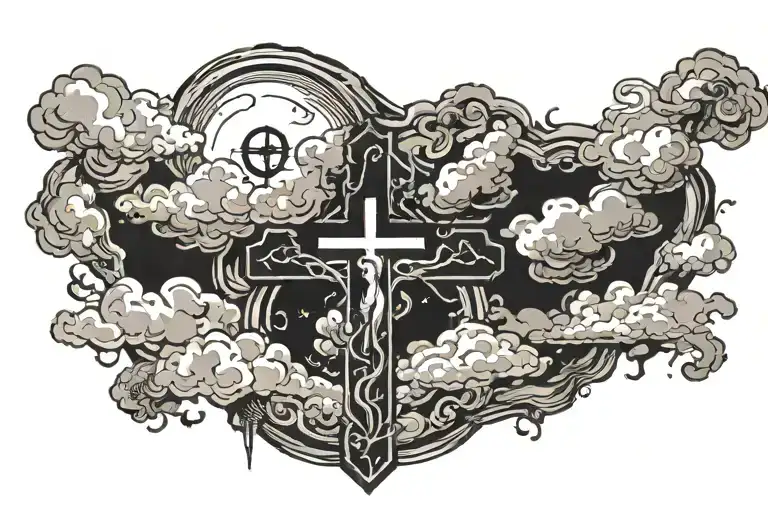cross with clouds around it tattoo design idea