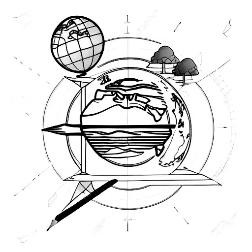 A minimalist tattoo of a globe with a pencil tip in place of the Earth's axis, symbolizing the client's passion for early childhood education and travel tattoo design idea