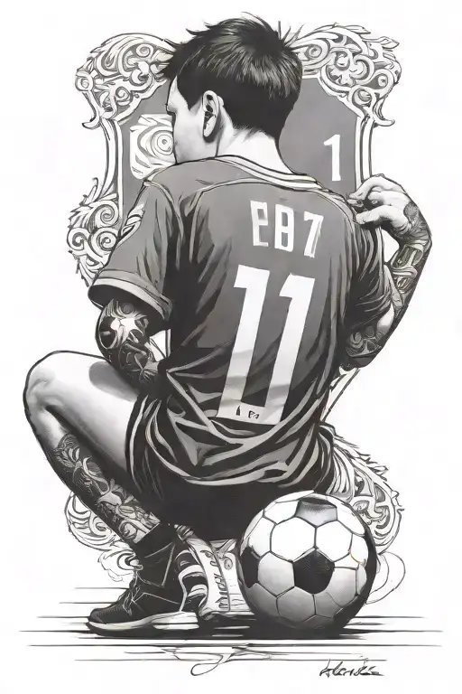 a poor child, with his back turned, with the number 11 in the center and the FC Barcelona shield tattoo design idea