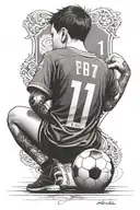 a poor child, with his back turned, with the number 11 in the center and the FC Barcelona shield tattoo design idea