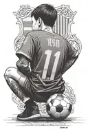 a poor child, with his back turned, with the number 11 in the center and the FC Barcelona shield tattoo design idea