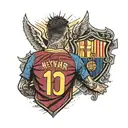 a poor child, on his back with the number 11 and the name Neymar on the truck, and the FC Barcelona shield tattoo design idea