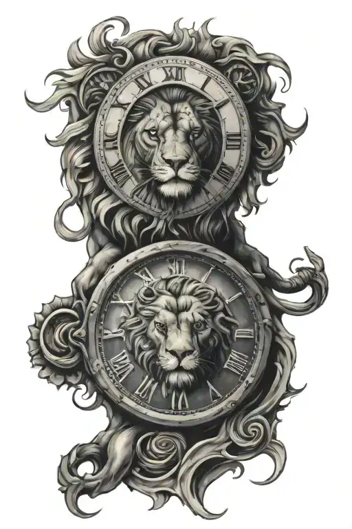 lion and clock embedded tattoo design idea