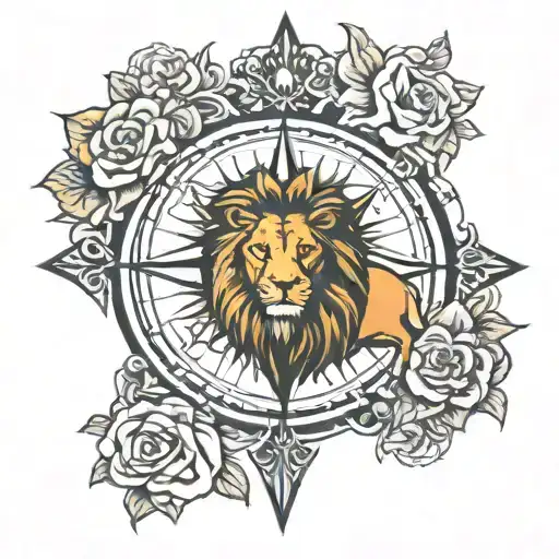 lion rose compass historic tattoo design idea