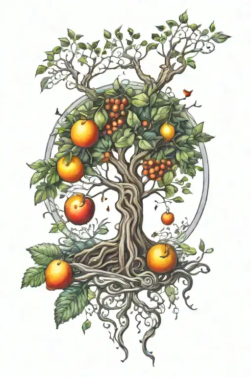 tree of life with one half full of leaves and the other half with no leaves and just branches with one fruit hanging tattoo design idea