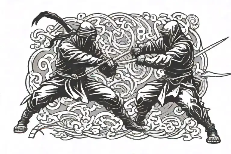 two ninjas facing eachother with swords crossed in combat tattoo design idea