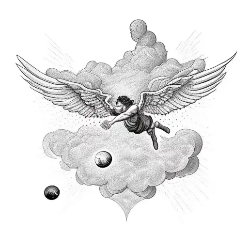 falling icarus with wings, he is falling teaching out to the sun. half realistic half minimal geometric tattoo design idea