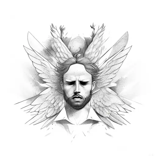 falling icarus with wings, half realistic half minimal geometric tattoo design idea