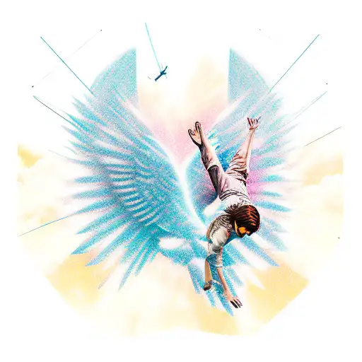 falling icarus with wings, half realistic half minimal geometric tattoo design idea